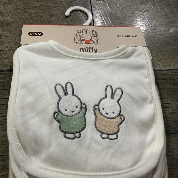 MIFFY Bunny Baby Bib Set 4 Pc Stripes White Beige Kawaii 0-9 Months One Size NWT - Picture 2 of 9